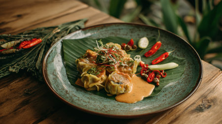 A beautifully arranged plate of colorful dumplings topped with fresh herbs and bright chilies, set on a banana leaf, perfect for food lovers and culinary enthusiasts.の素材