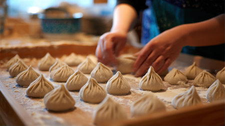 A skilled chef prepares traditional dumplings in a warm kitchen, showcasing meticulous technique and passion for homemade cuisine amidst a dusting of flour.の素材