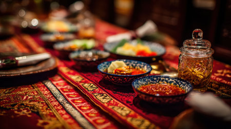 An inviting table arrangement showcasing a variety of colorful dishes and sauces, set against an ornate textile backdrop, perfect for enhancing any dining occasion.の素材