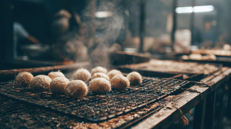 Round dumplings are being prepared on a metal rack in a vibrant kitchen, where steam rises, highlighting the culinary art and the savory essence of fresh ingredients.の素材