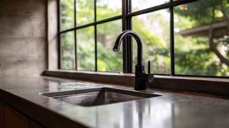 A sleek kitchen sink paired with a modern faucet, surrounded by large windows showcasing a beautiful garden, creating a bright and inviting atmosphere.の素材