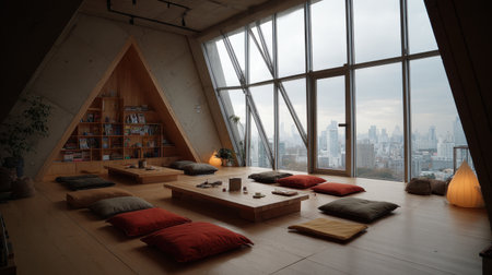 Explore a beautifully designed minimalist living space with floor cushions, large windows, and a breathtaking city view, perfect for relaxation and inspiration.の素材
