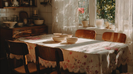 A serene kitchen scene featuring a wooden table set with bowls, bathed in warm sunlight filtering through a window, creating a cozy and inviting atmosphere.の素材