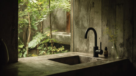 A striking kitchen sink features a sleek black faucet set against a backdrop of lush greenery and natural light, capturing a tranquil and minimalist design aesthetic perfect for modern spaces.の素材