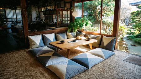Enjoy a peaceful Japanese living space featuring comfortable floor cushions and a wooden table, perfect for relaxing and enjoying views of a beautiful garden.の素材