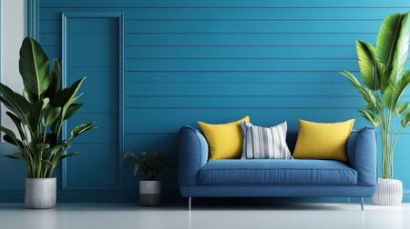 Discover a vibrant modern living room featuring a bright blue wall, a chic sofa with colorful cushions, and lush plants, perfect for a stylish and inviting home atmosphere.の素材