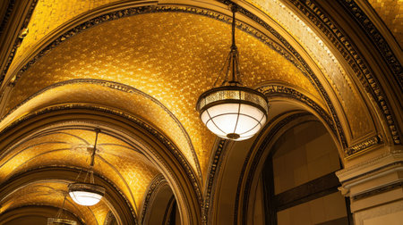 Captivating view of a luxurious interior featuring a stunning golden ceiling adorned with intricate details and pendant lights, creating a warm and inviting atmosphere.の素材