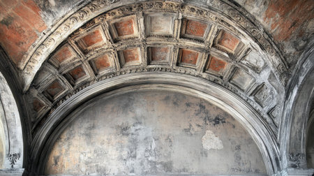 Captivating view of an ornate ceiling inside an abandoned historic structure, showcasing intricate details, weathered textures, and a sense of timeless beauty.の素材