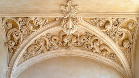 A captivating view of an ornate ceiling showcasing intricate floral motifs and elegant architectural details, evoking a sense of history and sophistication in a historic building interior.の素材