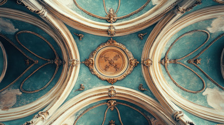 Stunning view of a beautifully decorated baroque ceiling featuring intricate designs with rich blue and gold details, showcasing exceptional craftsmanship and historical elegance.の素材