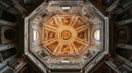 Captivating image showcasing the stunning ceiling of a historical building, featuring intricate designs and golden details that exemplify artistic excellence from a unique vantage point.の素材