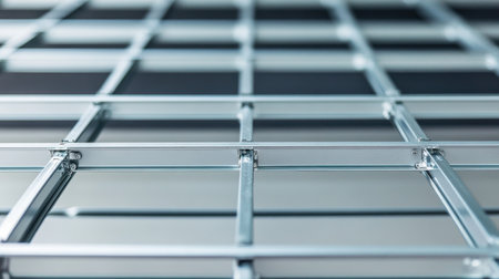 A detailed close-up of a modern metal grid structure featuring intersecting lines and glass panels, emphasizing industrial design and contemporary architecture.の素材
