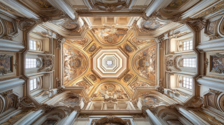 Captured from beneath, this stunning baroque ceiling showcases an exquisite blend of art and architecture featuring elaborate frescoes and rich details.の素材