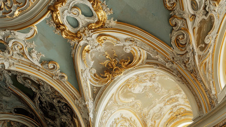This stunning image showcases a baroque ceiling adorned with elaborate gold leaf decorations and intricate patterns, revealing the grandeur of historical architecture and artistic mastery.の素材