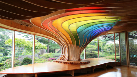 Experience the harmonious blend of natural beauty and modern architecture in this vibrant interior space, showcasing a stunning color gradient wooden ceiling and serene garden views.の素材