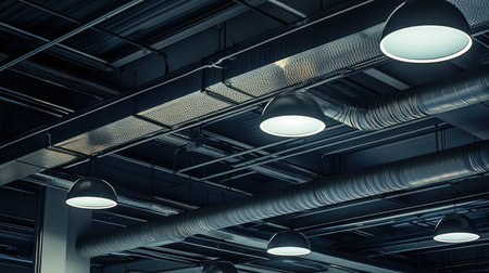 This image showcases a modern industrial interior featuring stylish pendant lighting and exposed pipes, perfect for highlighting contemporary design themes in architecture and renovation projects.の素材