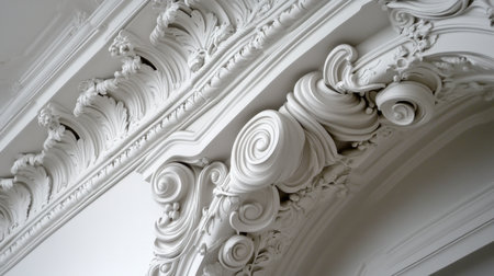This image features a captivating detail of white plaster, highlighting intricate designs and elegant swirling patterns, ideal for design and restoration projects in classic interiors.の素材