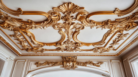 Stunning close-up of a baroque ceiling showcasing intricate gold detailing and floral patterns, embodying elegance and luxury in interior design. Perfect for architectural themes.の素材