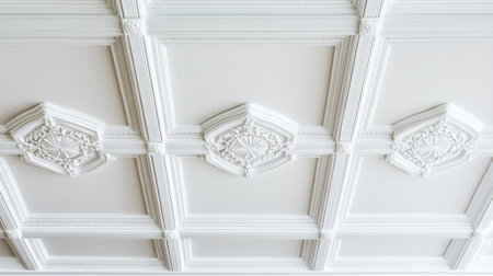 A stunning view of a white ceiling showcasing intricate moldings and decorative panels, adding elegance and charm to any interior space with its timeless design.の素材