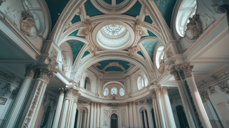 Explore the exquisite interior of a grand historical building showcasing intricate architecture, elegant columns, and a beautiful dome, all illuminated by soft, natural light.の素材