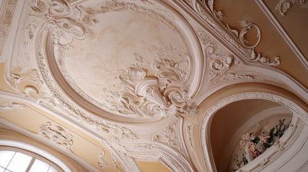 Discover a stunning interior featuring intricate ornate ceilings and elegant moldings that reflect the timeless beauty of baroque architecture in a historic setting.の素材