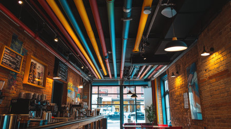 A lively cafe interior showcasing unique design elements such as colorful pipes and exposed brick walls, creating an inviting atmosphere for coffee enthusiasts and social gatherings.の素材