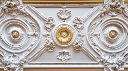 This image captures an exquisite ceiling design featuring intricate white and gold details that exemplify classic artistry and historical craftsmanship in architecture.の素材