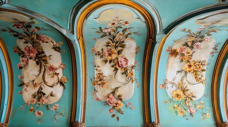 This stunning ceiling fresco showcases intricate floral designs in soft pastels, blending classic baroque elements with a vibrant light blue backdrop, perfect for art lovers.の素材