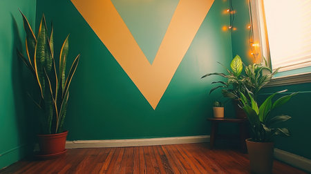 This indoor space features vibrant green walls with a geometric design, complemented by lush plants and warm lighting to create a soothing and inviting atmosphere.の素材