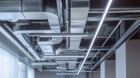 A modern ceiling showcasing exposed ductwork and linear lighting fixtures, perfect for architectural and interior design inspiration in urban environments.の素材