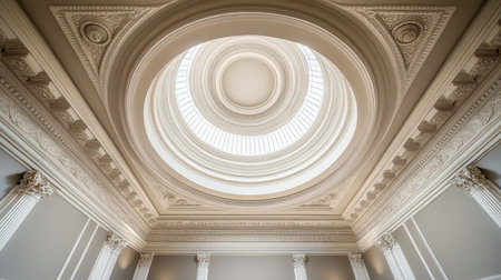 Explore the breathtaking view of a grand ceiling showcasing exquisite details and a circular skylight, adding charm to the elegant interior of a historic building.の素材