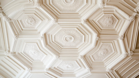 Elegant ceiling design featuring intricate patterns and ornate details in a light tone, ideal for showcasing craftsmanship and enhancing interior spaces.の素材