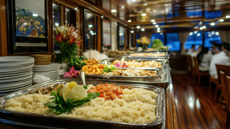 A beautifully arranged buffet showcasing a wide variety of gourmet dishes in an elegant dining space, accentuated by warm lighting and inviting decorations, perfect for any occasion.の素材