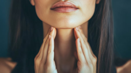 A close-up of a woman gently touching her neck, highlighting her smooth skin and the essence of natural beauty while promoting themes of self-care and relaxation.の素材