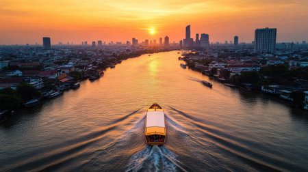 A stunning aerial view showcasing a boat navigating the river at sunset, with a vibrant city skyline bathed in warm orange and yellow hues reflecting on the water.の素材