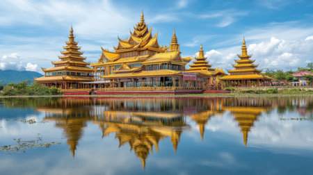 Stunning golden temple stands majestically against a blue sky, its reflection shimmering in calm waters, framed by lush mountains, inviting serene exploration of cultural beauty.の素材