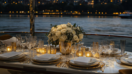 An elegant dinner setting on a yacht featuring a gorgeous floral centerpiece, exquisite tableware, and ambient lighting against a stunning urban water backdrop.の素材