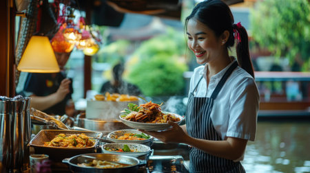 A cheerful restaurant worker presents a beautifully arranged plate of authentic Asian cuisine in a vibrant and warm kitchen setting, showcasing fresh ingredients and culinary passion.の素材