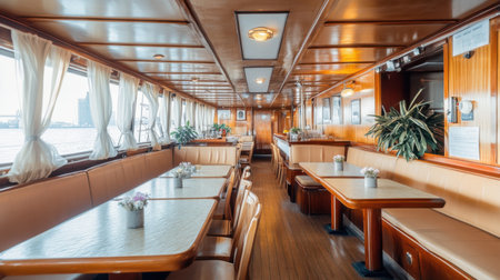 This stunning boat interior features a spacious restaurant design with warm wooden tones, elegant seating arrangements, and abundant natural light, perfect for dining experiences.の素材
