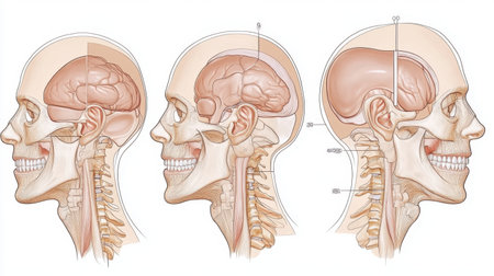 This detailed illustration presents the anatomy of the human head, showcasing the brain structure, nervous system, and skeletal features for educational and reference purposes.の素材
