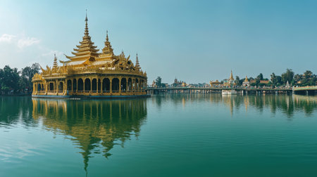 Captivating view of a breathtaking golden pavilion reflecting in tranquil waters, showcasing exceptional architecture and cultural heritage against a serene backdrop.の素材