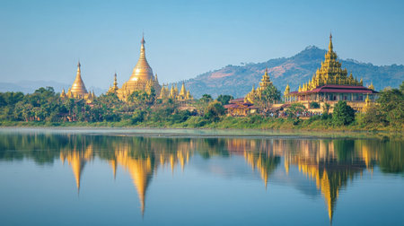 Idyllic scenery featuring golden temples reflected in tranquil waters, surrounded by verdant landscapes and majestic mountains, capturing the essence of serenity in nature.の素材