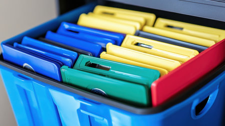 A vibrant collection of storage binders arranged neatly in a blue organizer, showcasing an efficient method for office organization and document management. Perfect for enhancing productivity.の素材