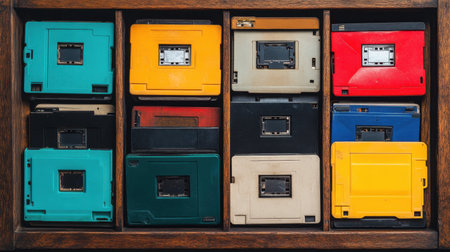 A captivating collection of vintage film slides displayed in a wooden box, featuring a variety of bright colors, perfect for retro themes or nostalgic photography projects.の素材