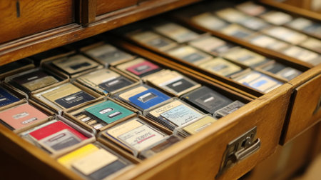 Explore a close-up view of a vintage wooden drawer filled with colorful index cards, showcasing a nostalgic and organized approach to office supplies perfect for creative inspiration.の素材
