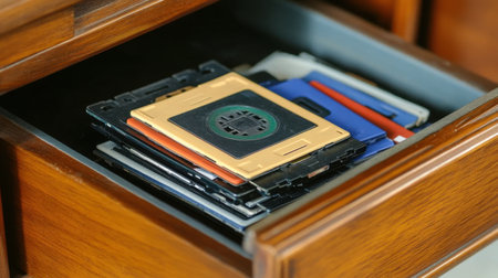 A captivating image of vintage floppy disks neatly arranged in a wooden drawer, representing a nostalgic piece of technology and the evolution of data storage methods over the years.の素材