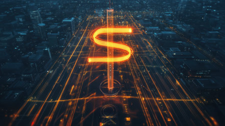 A captivating urban night view featuring a glowing neon dollar sign that represents financial growth, investment opportunities, and the vibrant energy of city life.の素材