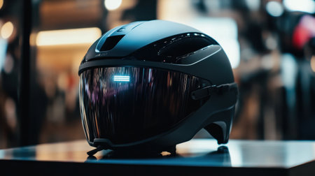 A striking motorcycle helmet showcasing a sleek design and reflective visor, perfect for riders seeking safety and style. Ideal for motorcycle enthusiasts and gear displays.の素材