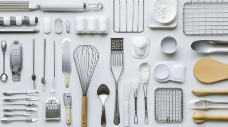 An overhead view of assorted kitchen utensils and baking tools, featuring a neat arrangement on a clean white background ideal for culinary design and inspiration.の素材