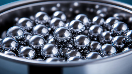 This close-up image showcases numerous shiny metal balls in a sleek bowl, creating a striking visual effect. Ideal for modern design projects and abstract themes.の素材